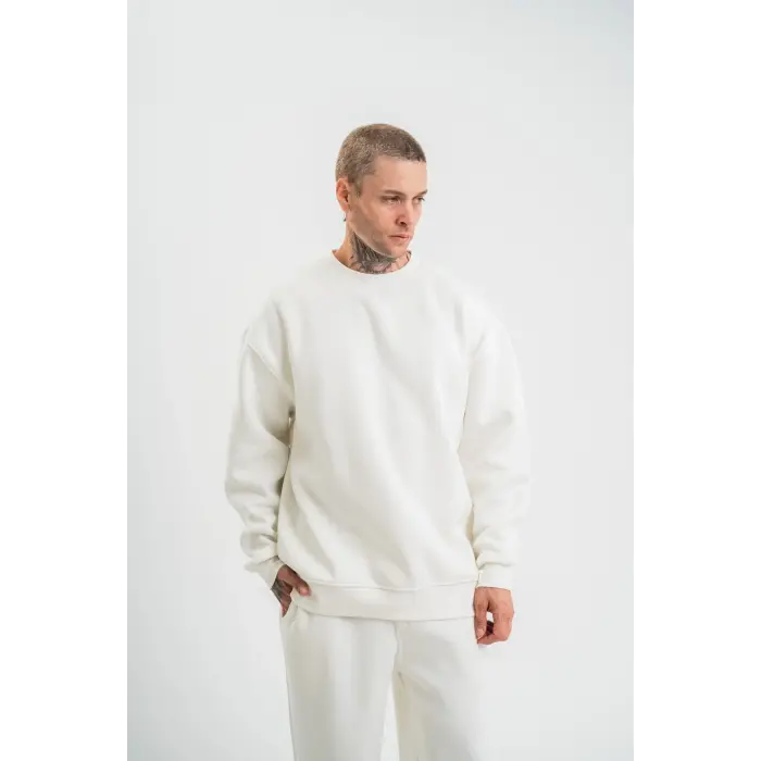 Erkek Uzun Kol Bisiklet Yaka 3 iplik Pamuklu Kışlık SweatShirt  - Beyaz