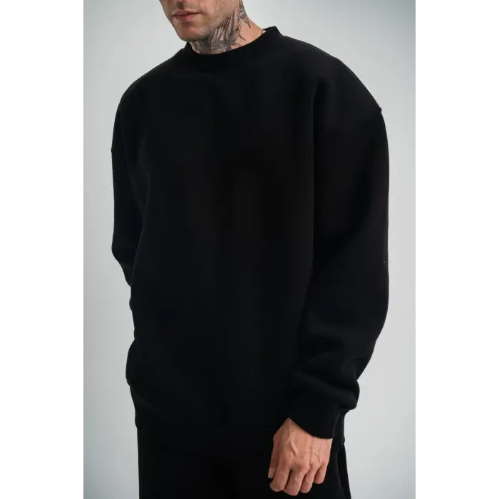 Erkek Uzun Kol Bisiklet Yaka 3 iplik Pamuklu Kışlık SweatShirt - Siyah