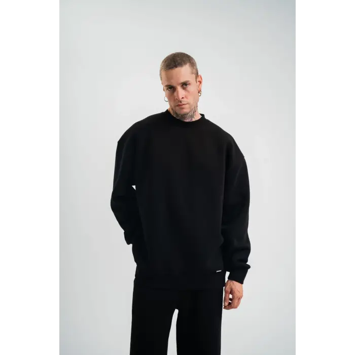 Erkek Uzun Kol Bisiklet Yaka 3 iplik Pamuklu Kışlık SweatShirt - Siyah