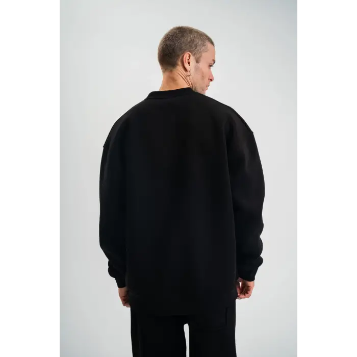 Erkek Uzun Kol Bisiklet Yaka 3 iplik Pamuklu Kışlık SweatShirt - Siyah