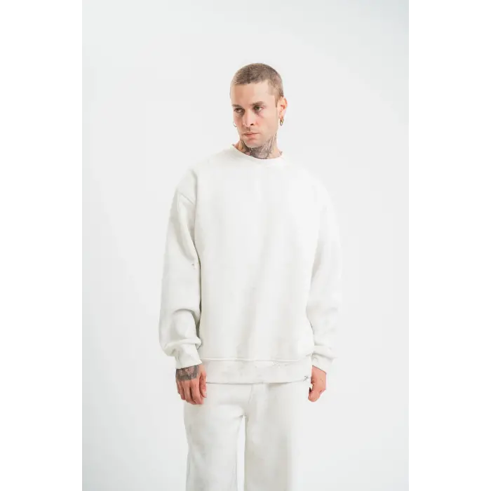 ERKEK 3 İplik Pamuklu Bisiklet Yaka Yıkamalı SweatShirt - Beyaz