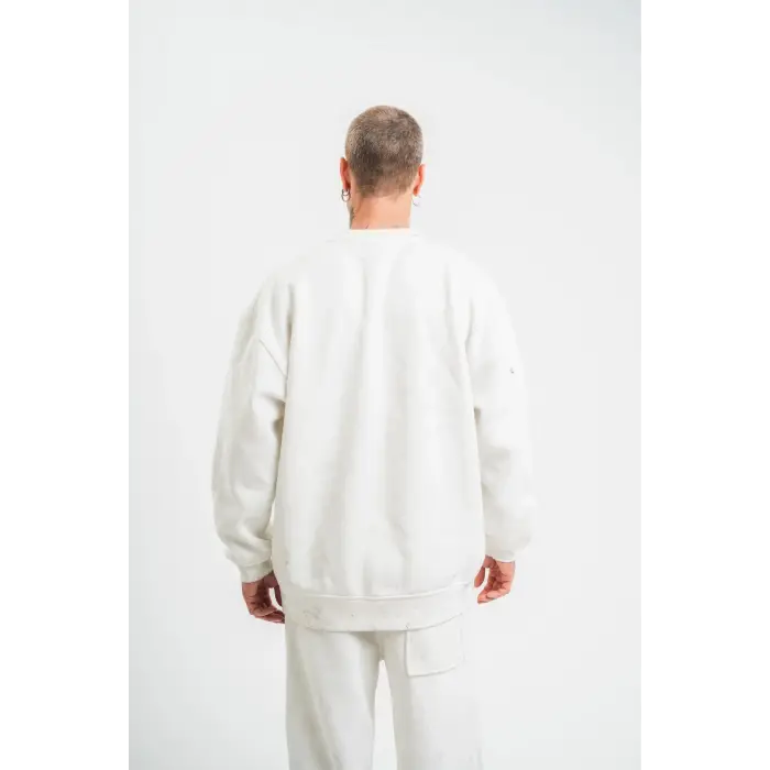 ERKEK 3 İplik Pamuklu Bisiklet Yaka Yıkamalı SweatShirt - Beyaz