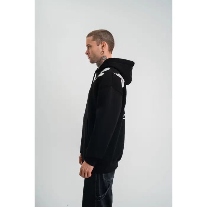 Erkek 3 İplik Pamuklu Kapüşonlu Baskılı Cepli Oversize Sweatshirt Hoodie - Siyah