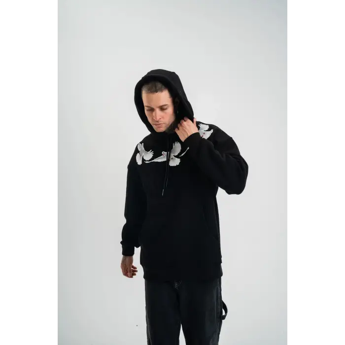 Erkek 3 İplik Pamuklu Kapüşonlu Baskılı Cepli Oversize Sweatshirt Hoodie - Siyah
