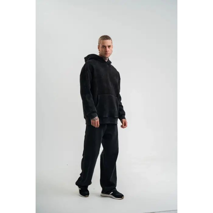 ERKEK 3 iplik Pamuklu Kapüşonlu Yıkamalı Nakışlı Hoodie SweatShirt - Siyah