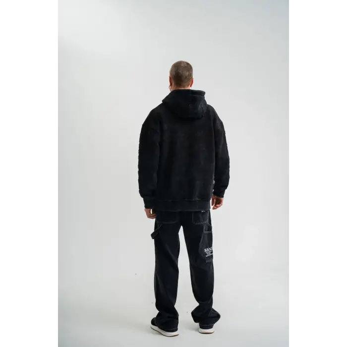 ERKEK 3 iplik Pamuklu Kapüşonlu Yıkamalı Nakışlı Hoodie SweatShirt - Siyah