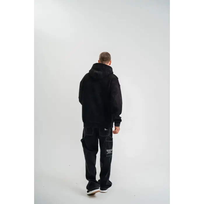 ERKEK 3 iplik Pamuklu Kapüşonlu Yıkamalı Nakışlı Hoodie SweatShirt - Siyah