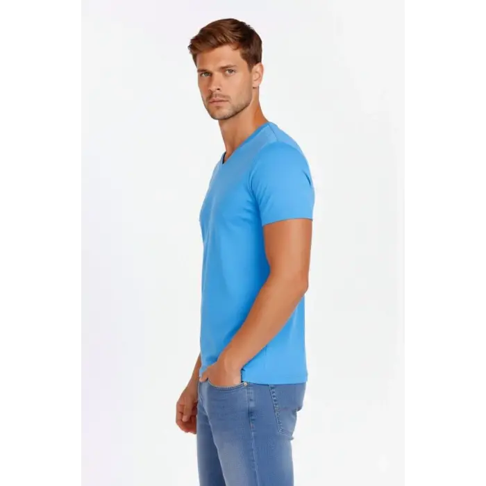 Erkek Body T-shirt V Yaka Slim Fit Likralı Kısa kol Tişört - Açık Mavi