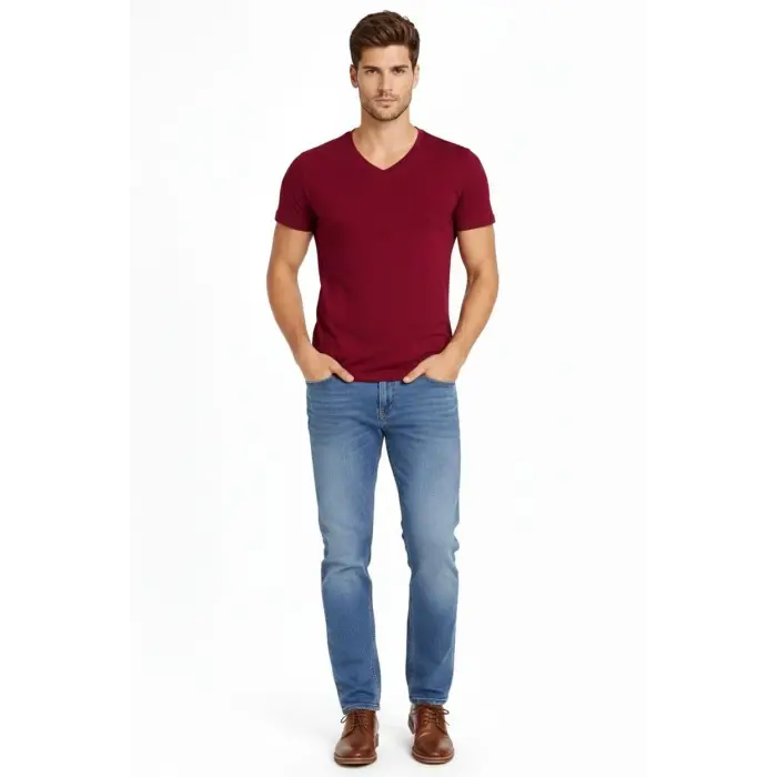 Erkek Body T-shirt V Yaka Slim Fit Likralı Kısa kol Tişört - Bordo