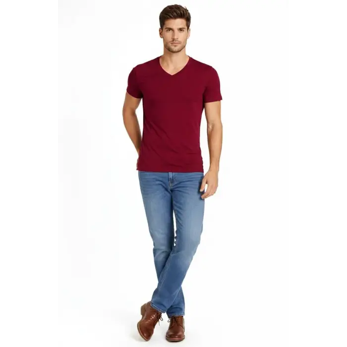 Erkek Body T-shirt V Yaka Slim Fit Likralı Kısa kol Tişört - Bordo