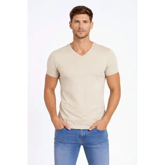 Erkek Body T-shirt V Yaka Slim Fit Likralı Kısa kol Tişört - Taş