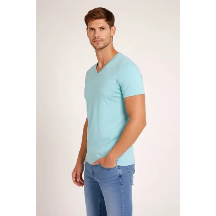 Erkek Body T-shirt V Yaka Slim Fit Likralı Kısa kol Tişört - Turkuvaz