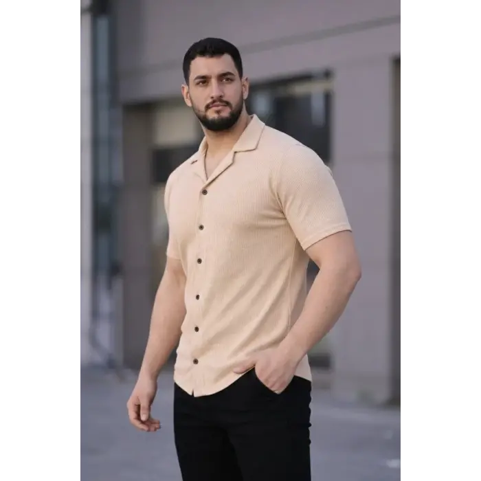 Erkek Waffle Dokuma Kumaş Açık Yakalı Düğmeli Gömlek 2’li Set Haki-Bej