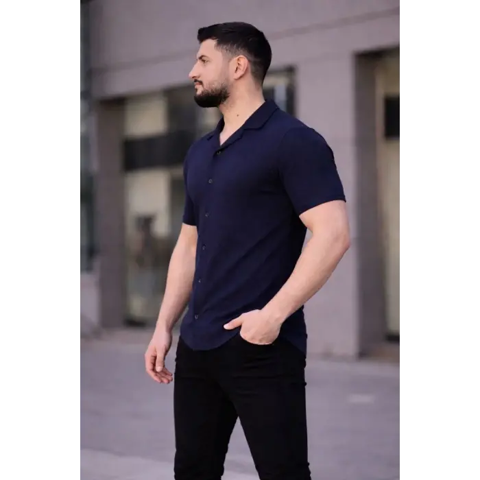 Erkek Waffle Kumaş Yakalı Kısa Kol Düğmeli Gömlek 3’lü Set Bej-Beyaz-Lacivert