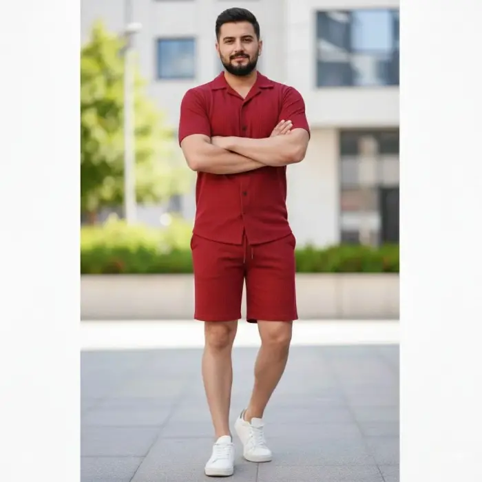 Erkek Waffle Kumaş Kısa Kol Gömlek Şort Takım Regular Yazlık İkili Set - Bordo