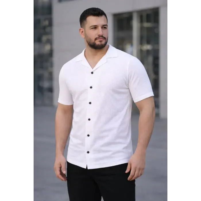 Erkek Waffle Kumaş Kısa Kollu Düğmeli Açık Yaka Regular Fit Gömlek - Beyaz