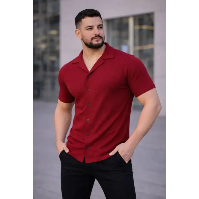 Erkek Waffle Kumaş Kısa Kollu Düğmeli Açık Yaka Regular Fit Gömlek - Kırmızı