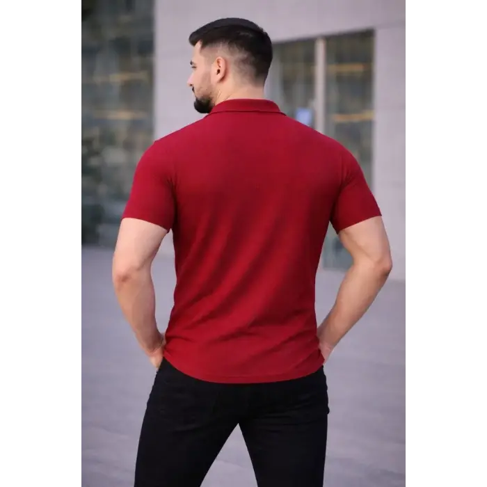 Erkek Waffle Kumaş Kısa Kollu Düğmeli Açık Yaka Regular Fit Gömlek - Kırmızı