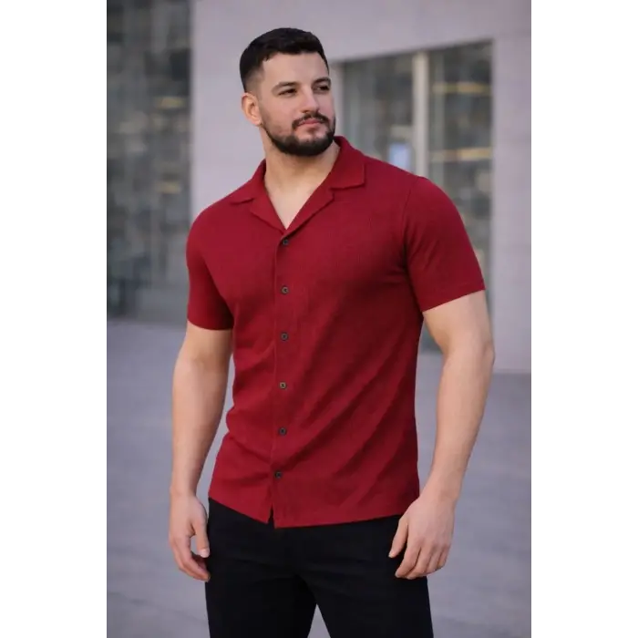 Erkek Waffle Kumaş Kısa Kollu Düğmeli Açık Yaka Regular Fit Gömlek - Kırmızı