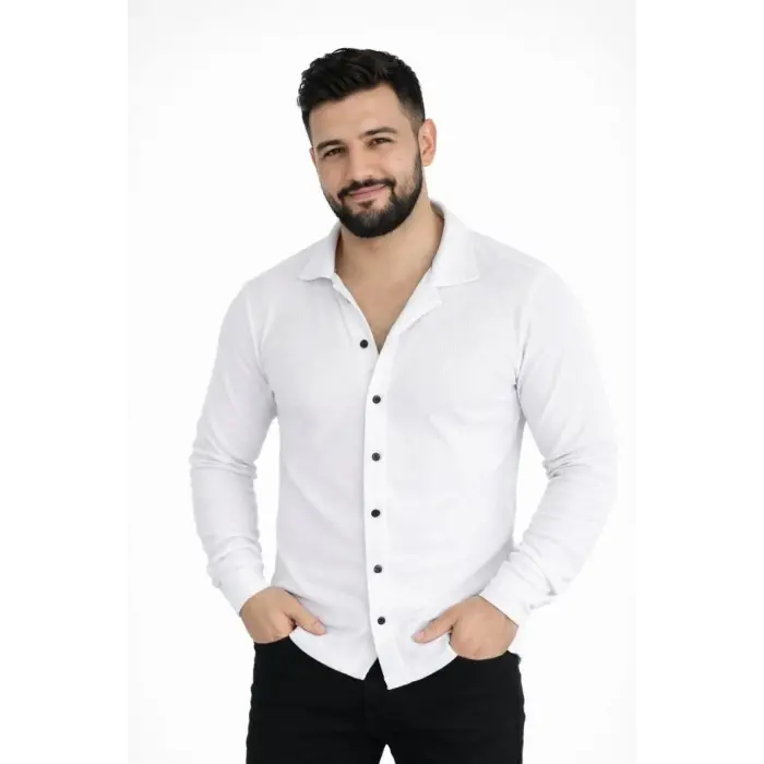 Erkek Waffle Kumaş Uzun Kollu Düğmeli Açık Yaka Regular Fit Gömlek - Beyaz