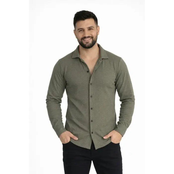 Erkek Waffle Kumaş Uzun Kollu Düğmeli Açık Yaka Regular Fit Gömlek - Haki