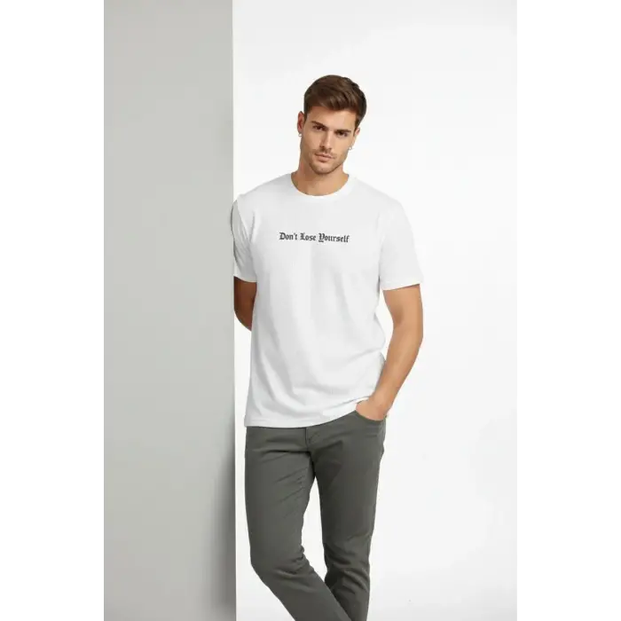 Erkek Wafıl Kumaş Tişört Regular Kalıp Bisiklet Yaka Baskılı T-Shirt - Beyaz