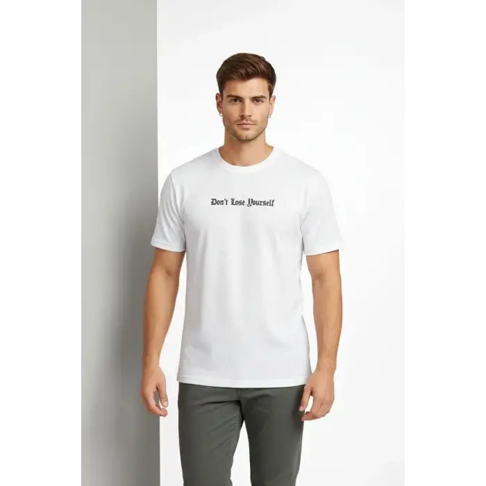 Erkek Wafıl Kumaş Tişört Regular Kalıp Bisiklet Yaka Baskılı T-Shirt - Beyaz