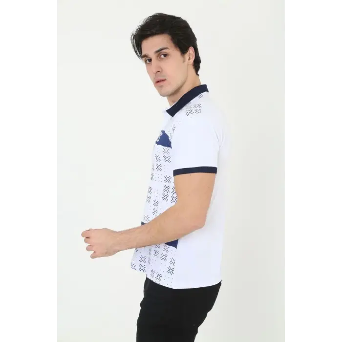 Erkek Polo Yaka Tişört Slim Fit Baskılı Kısa Kol T-Shirt - Beyaz
