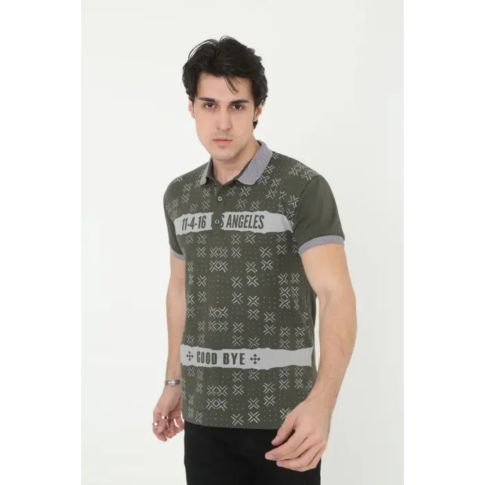 Erkek Polo Yaka tişört Slim Fit Baskılı Kısa kol T-Shirt - Haki