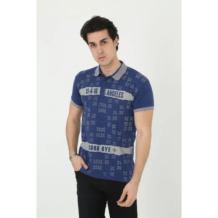 Erkek Polo Yaka tişört Slim Fit Baskılı Kısa kol T-Shirt - Mavi