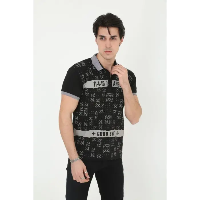 Erkek Polo Yaka tişört Slim Fit Baskılı Kısa kol T-Shirt - Siyah