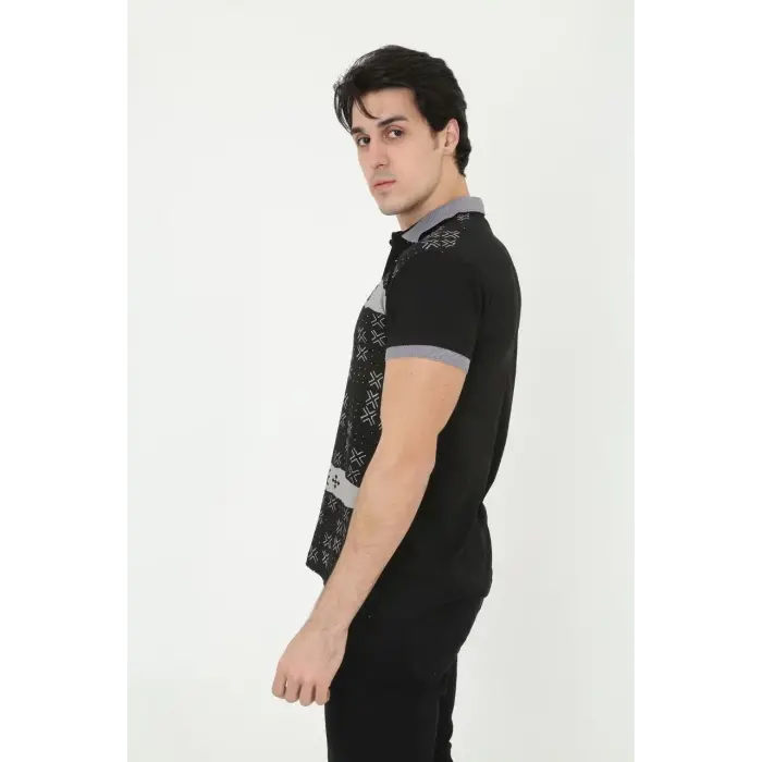 Erkek Polo Yaka tişört Slim Fit Baskılı Kısa kol T-Shirt - Siyah