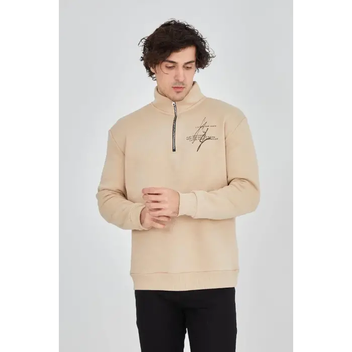 Erkek Yarım Fermuarlı Baskılı 3 iplik pamuklu sweatshirt - Bej