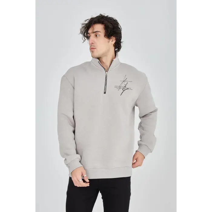 Erkek Yarım Fermuarlı Baskılı 3 iplik pamuklu sweatshirt - Boyalı Gri