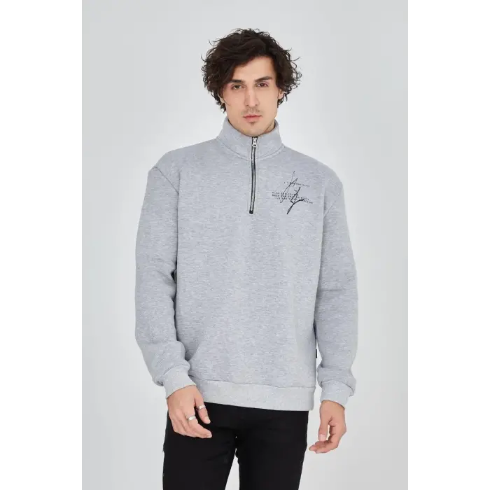 Erkek Yarım Fermuarlı Baskılı 3 iplik pamuklu sweatshirt - Gri