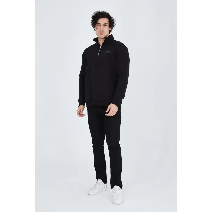 Erkek Yarım Fermuarlı Baskılı 3  iplik pamuklu sweatshirt - Siyah