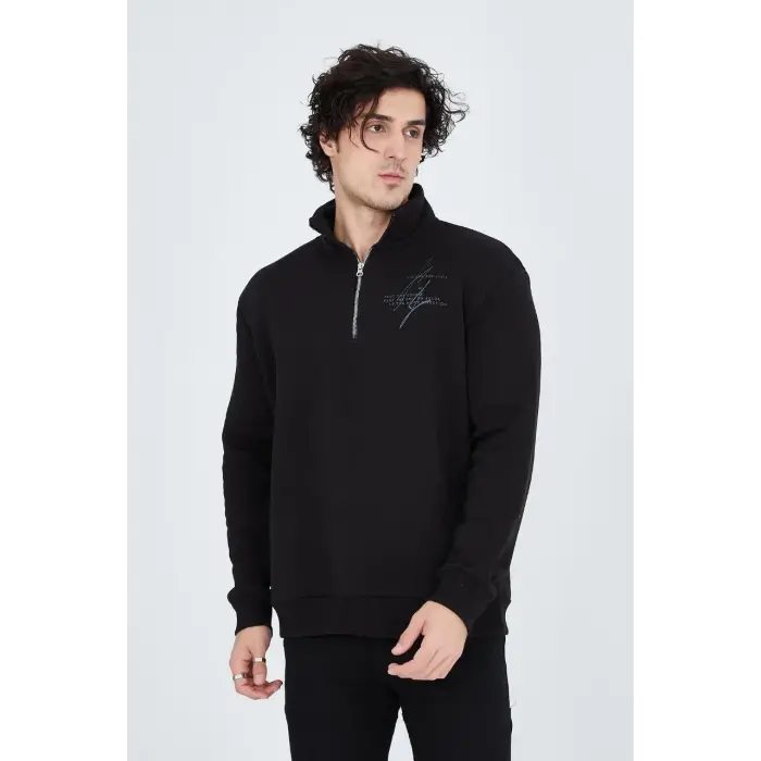 Erkek Yarım Fermuarlı Baskılı 3  iplik pamuklu sweatshirt - Siyah