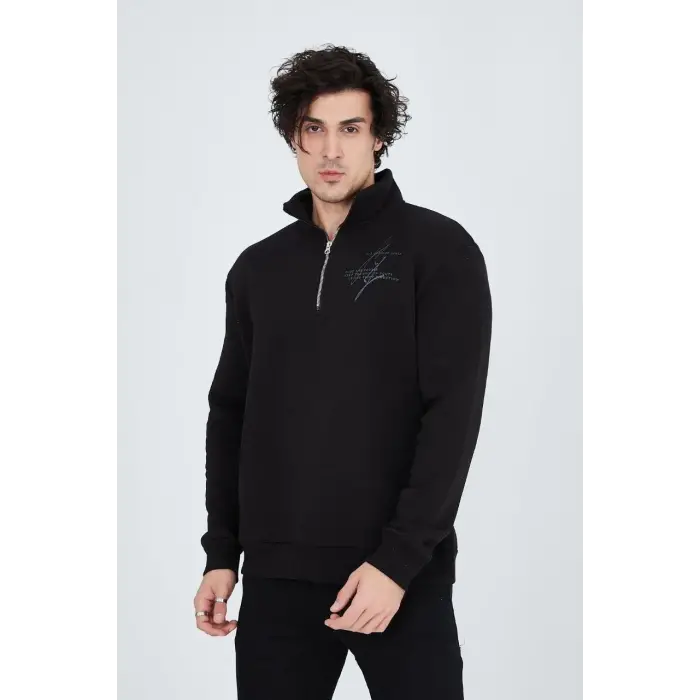 Erkek Yarım Fermuarlı Baskılı 3  iplik pamuklu sweatshirt - Siyah