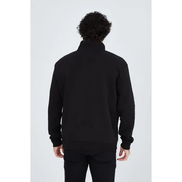 Erkek Yarım Fermuarlı Baskılı 3  iplik pamuklu sweatshirt - Siyah