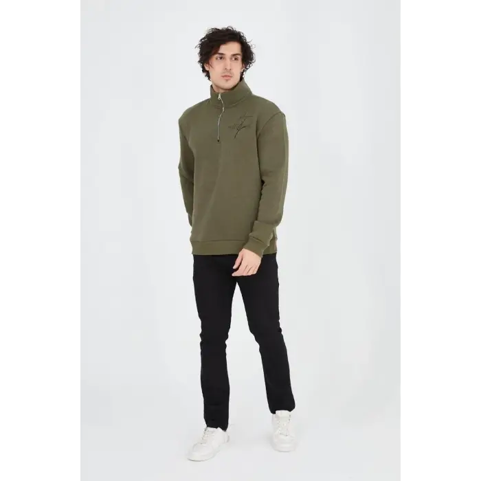 Erkek Yarım Fermuarlı Baskılı 3 iplik pamuklu sweatshirt - Yeşil