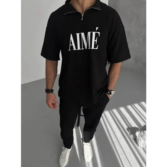 ERKEK Tişört Yakalı Yarım Fermuarlı  Kısa Kol Baskılı T-Shirt - Siyah