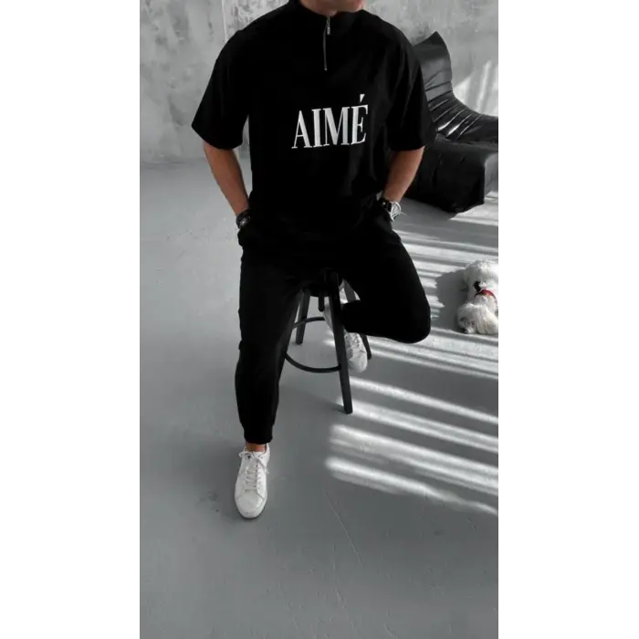ERKEK Tişört Yakalı Yarım Fermuarlı  Kısa Kol Baskılı T-Shirt - Siyah