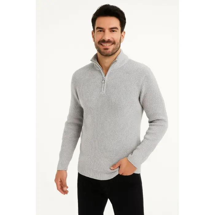 Erkek Yarım Fermuarlı Triko Kazak Selanik Örgü Dik Yaka Pamuklu Dokuma Regular Fit - Gri
