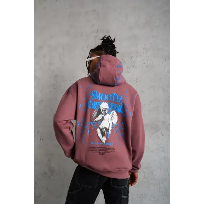 Erkek 3 İplik Pamuklu Kapüşonlu Baskılı Cepli Sweatshirt Hoodie - Gül Kurusu