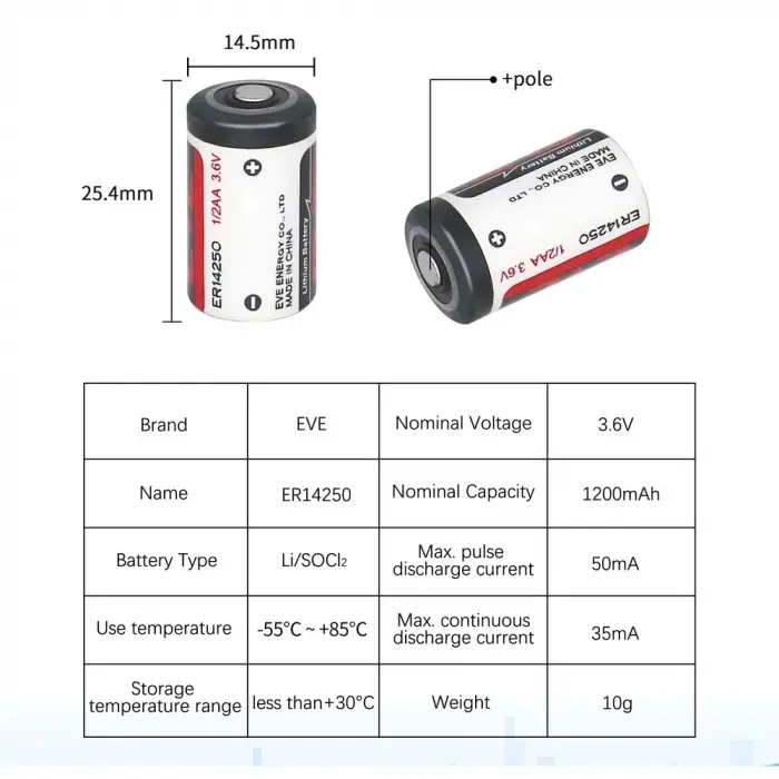 Eve Er14250 1/2aa Size 3.6v 1200 Mah Şarjsız Li-socl2 Lithium Pil