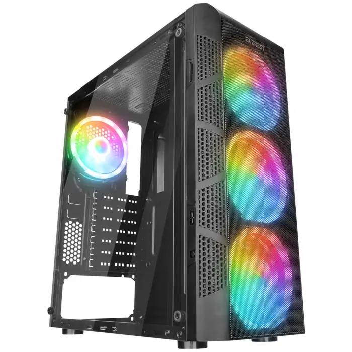 EVEREST CREST-V1, Mesh, PSU Yok, 4x12cm RGB Fan, Temperli Cam Yan Panel, ATX, GAMING KASA