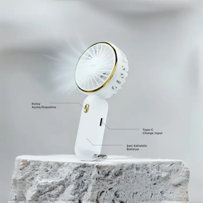 EVEREST EFN11, BEYAZ, 3 Kademeli Hız, Elde Kullanım, Dahili 900mAh Bataryalı, Type-C Şarj Girişli, Vantilatör