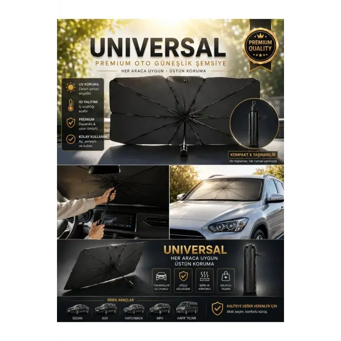 Evrensel Katlanabilir Şemsiye Tipi Araç Ön Cam Güneşliği UV Korumalı Isı Yalıtımlı
