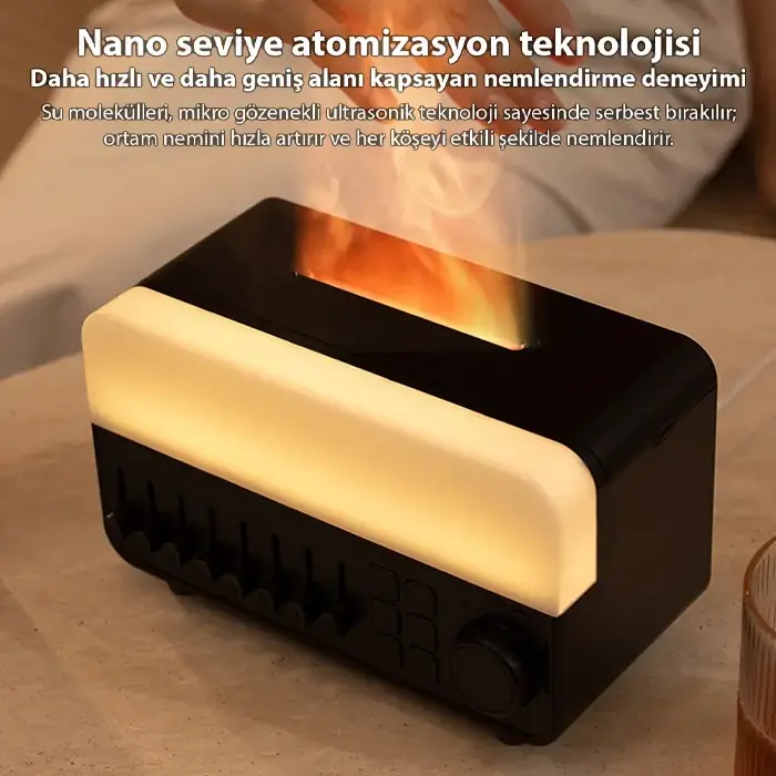 Ezere A14 Bluetooth Hoparlörlü Alev Efektli 8 Sesli Renkli Alev Görünümlü Aromaterapi Difüzörü Ultrasonik Hava Nemlendici-(5775)