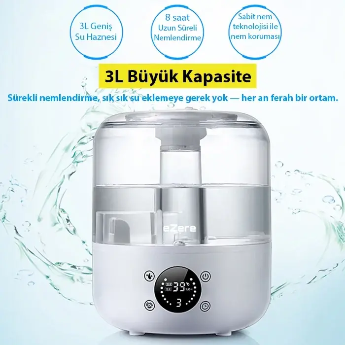 Ezere TH-413 Akıllı Dijital Hava Nemlendirici | 3L Kapasite Dokunmatik Panel Uzaktan Kumanda Sessiz Çalışma-(5775)